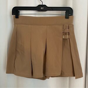 Tan Pleated Wrap Skort with Buckle Detail